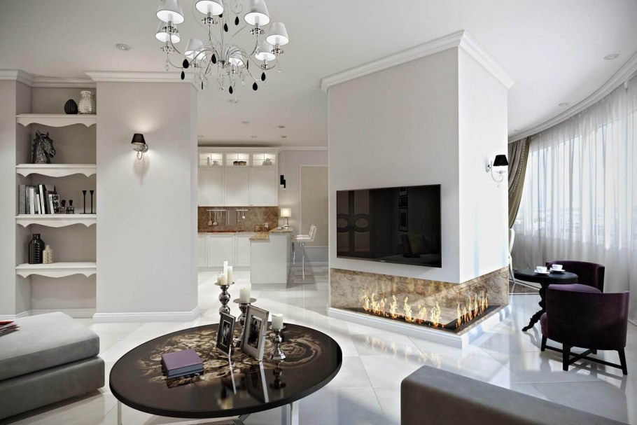 Кухня гостиная с камином