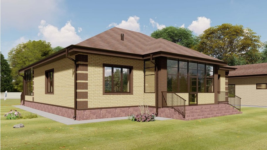 Каркасный одноэтажный дом с крыльцом