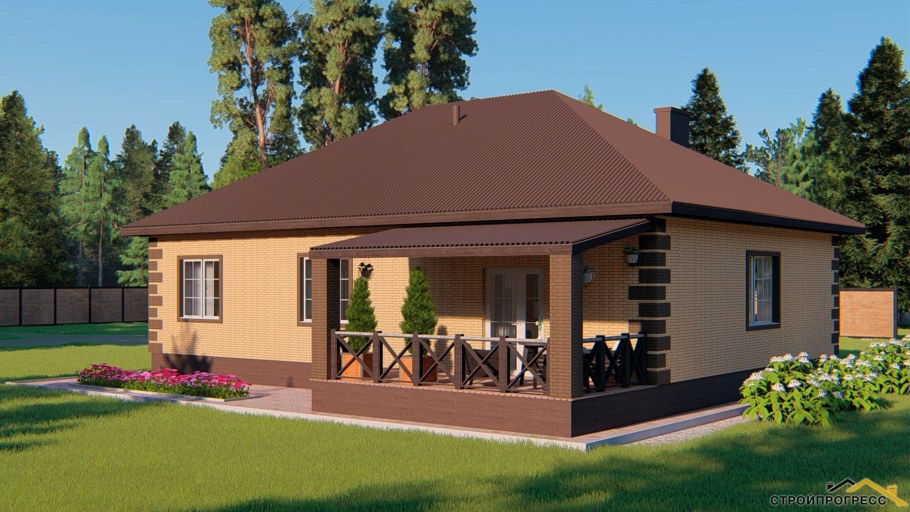 Деревянный дом одноэтажный с террасой 100кв