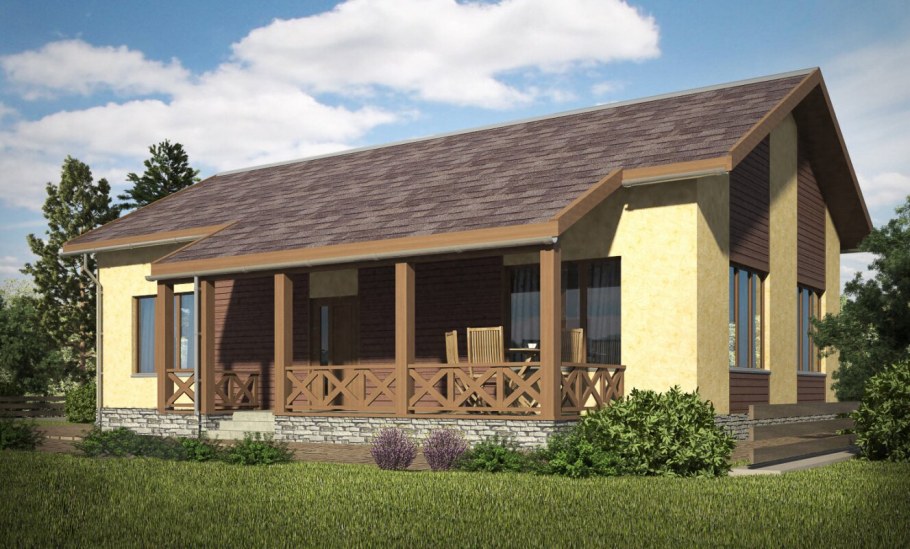 Одноэтажный дом с двускатной крышей и террасой