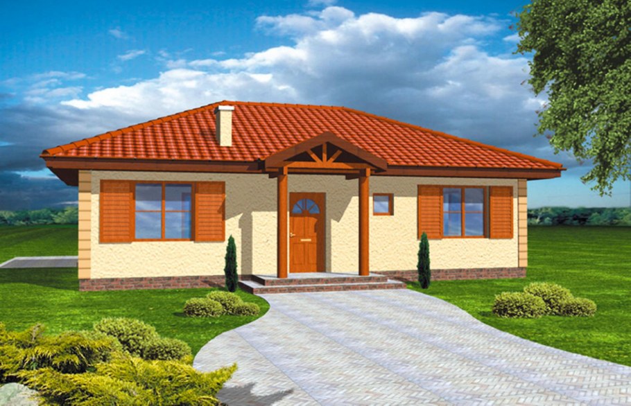 Одноэтажный дом с зеленой крышей