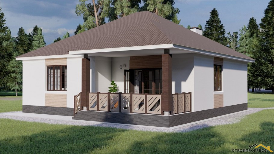 Одноэтажный дом с крыльцом и верандой