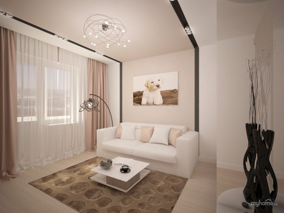 Гостиная в светлых тонах в однокомнатной квартире