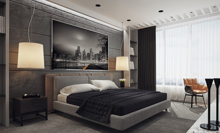 Спальня с серым ламинатом