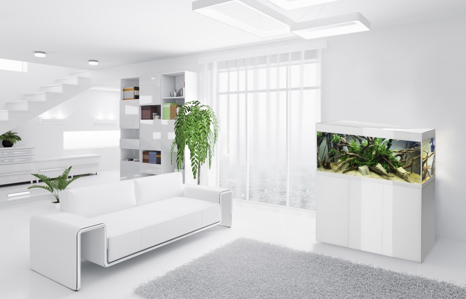 Гостиная с аквариумом и камином