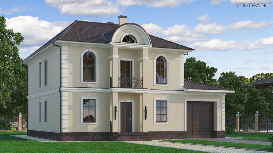 Двухэтажный дом с арочными окнами