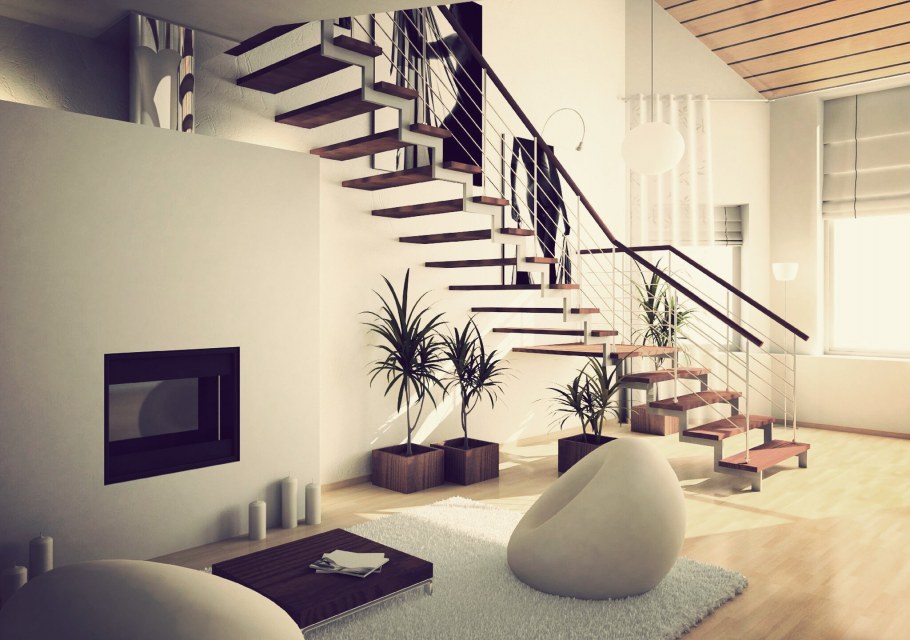 Интерьер кухни с лестницей