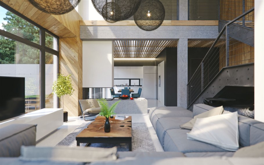 Кухня гостиная с большими окнами