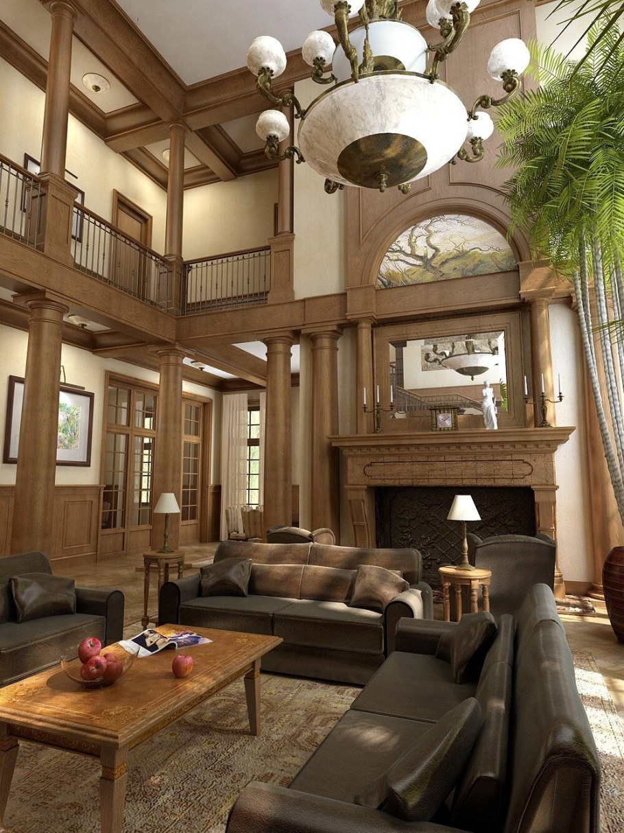 Гостиная с высоким потолком