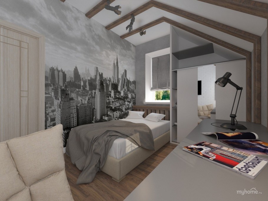 Серо белый интерьер спальни