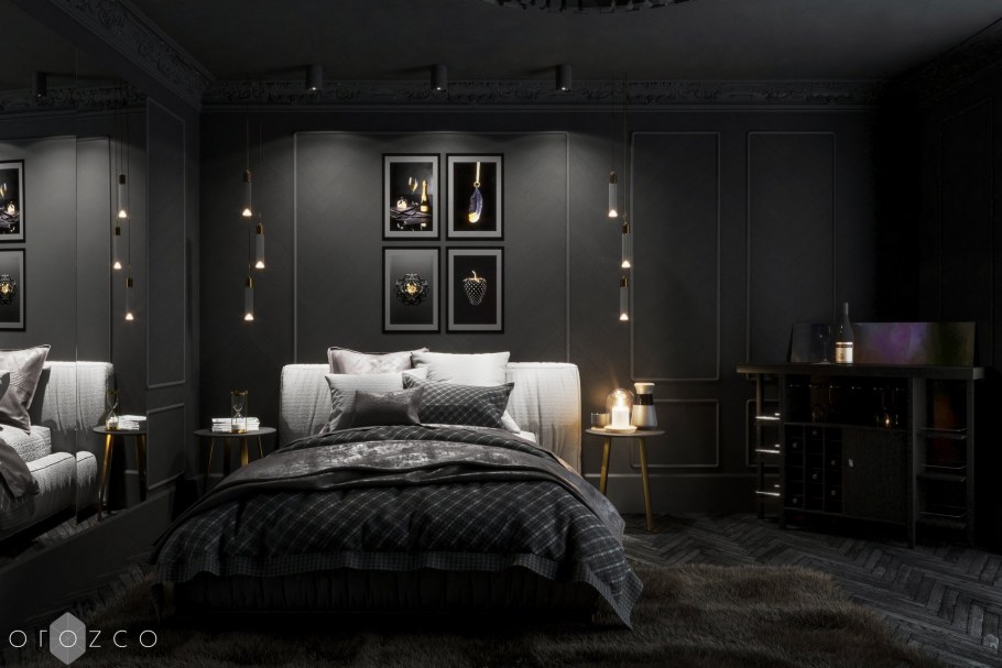 Камерный темный интерьер спальни