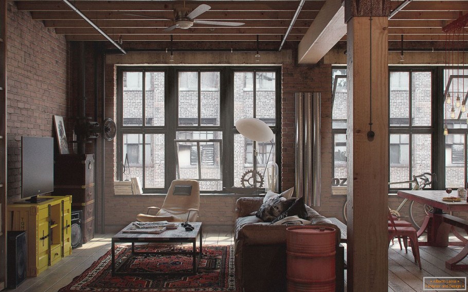 Интерьер лофт гостиная 15кв