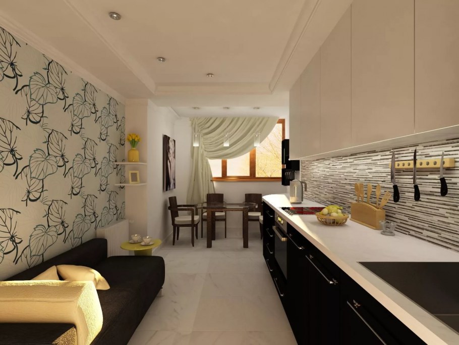 Кухня с комбинированными обоями