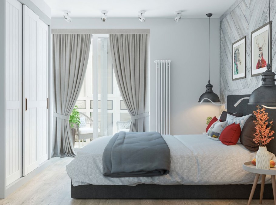 Окно в спальне в скандинавском стиле