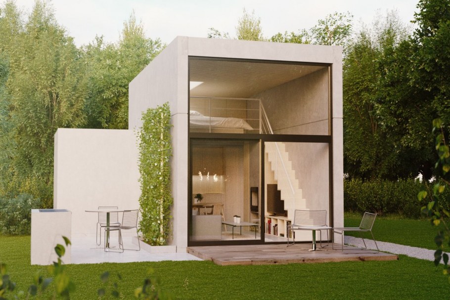 Двухэтажный дом с плоской крышей куб