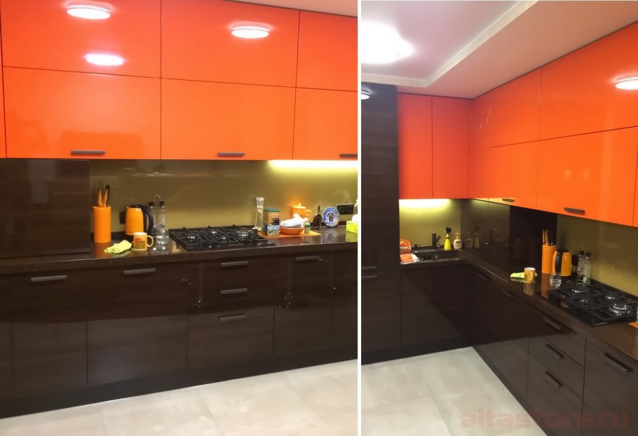 Кухня оранжевая жёлтая встроенная духовой