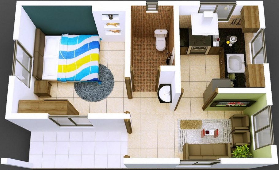 Планировка в квадратной студии 30кв