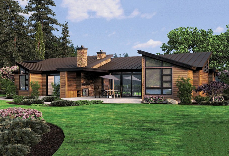 Одноэтажный дом с большой террасой в стиле Шале