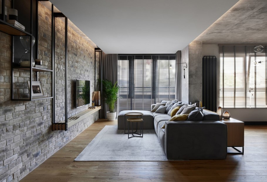 Дизайн квартиры с материалами из бетона и дерева