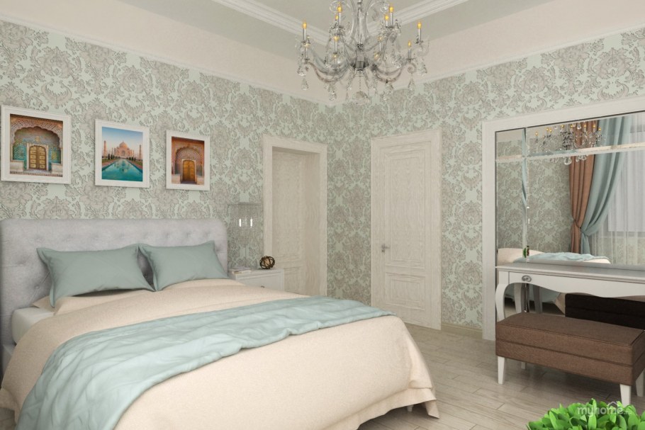 Мятные обои в спальне
