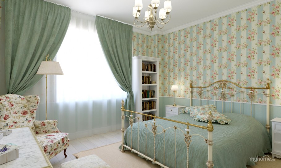 Бежевая спальня с мятными оттенками