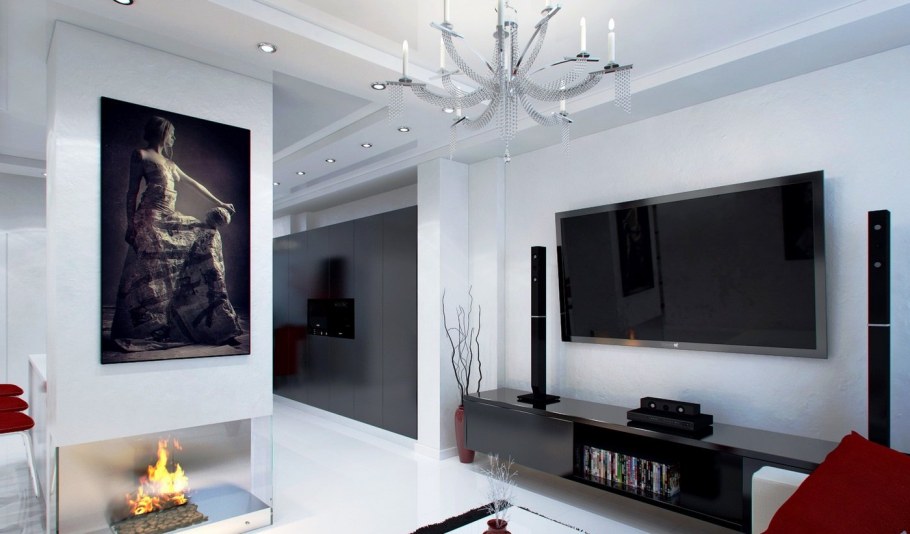 ТВ зона с камином в современном стиле в хрущевке