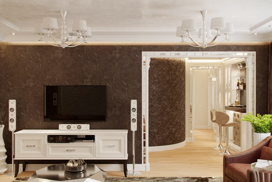 Телевизор на коричневой стене