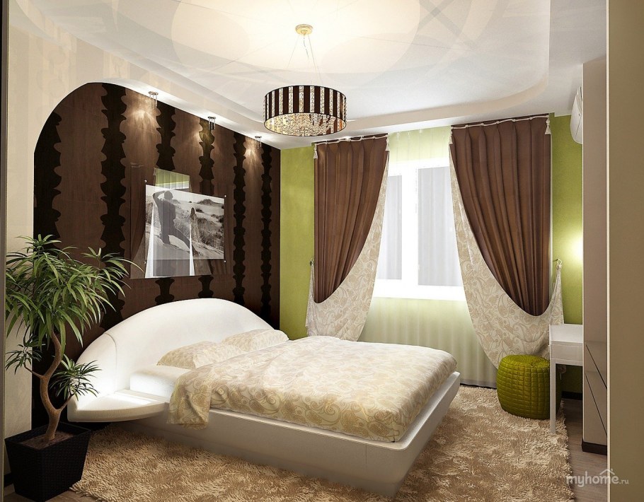 Спальня с зелеными шторами