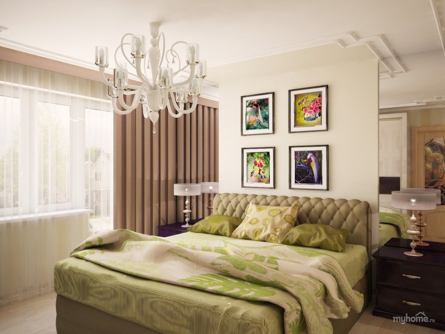 Интерьер спальни в бежево зеленых тонах