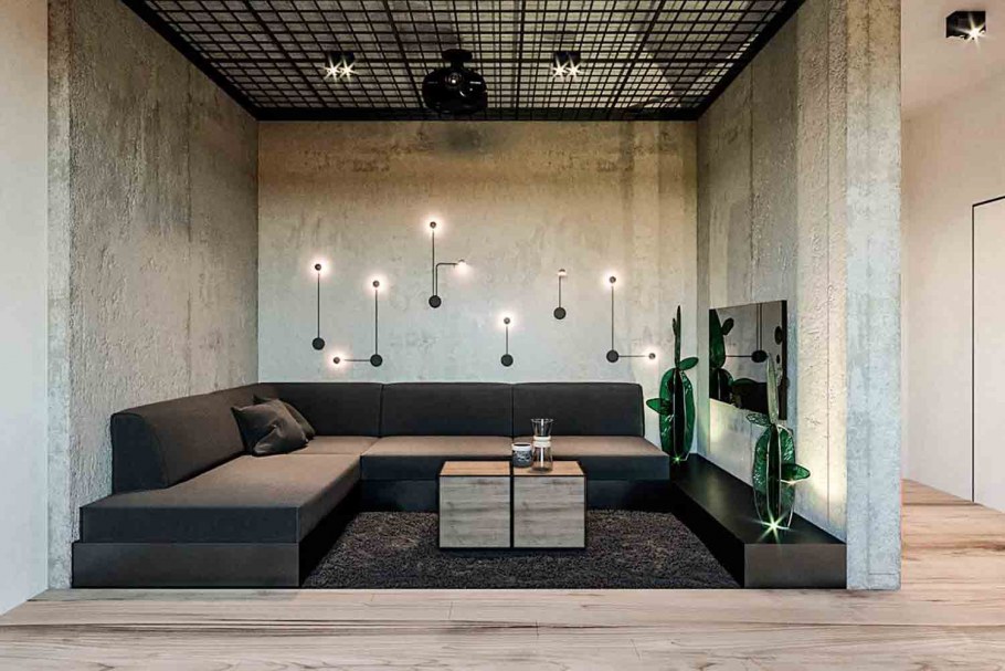 Гостиная в стиле лофт стена бетон