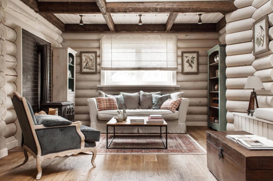 Интерьер в бревенчатом деревянном доме Прованс