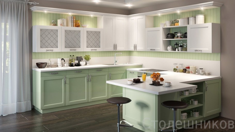 Кухня фисташковая с белым