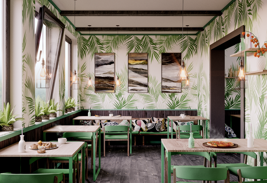 Зелень в интерьере кафе