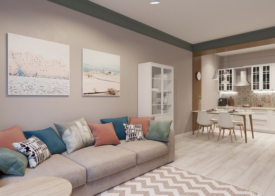 Белая гостиная зеленая кухня