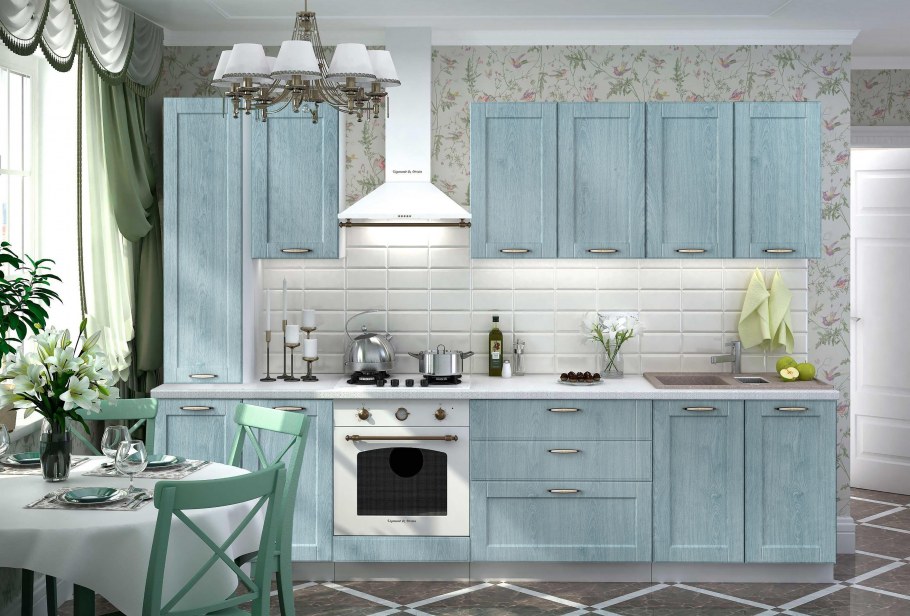 Белая кухня голубые стены