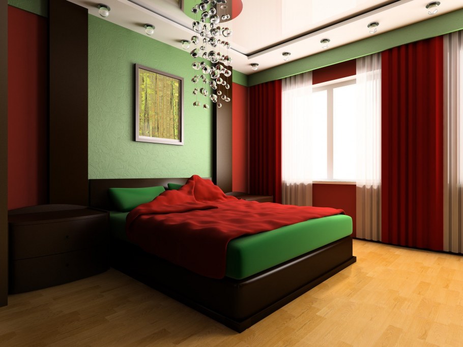 Спальня в зеленых и красных тонах