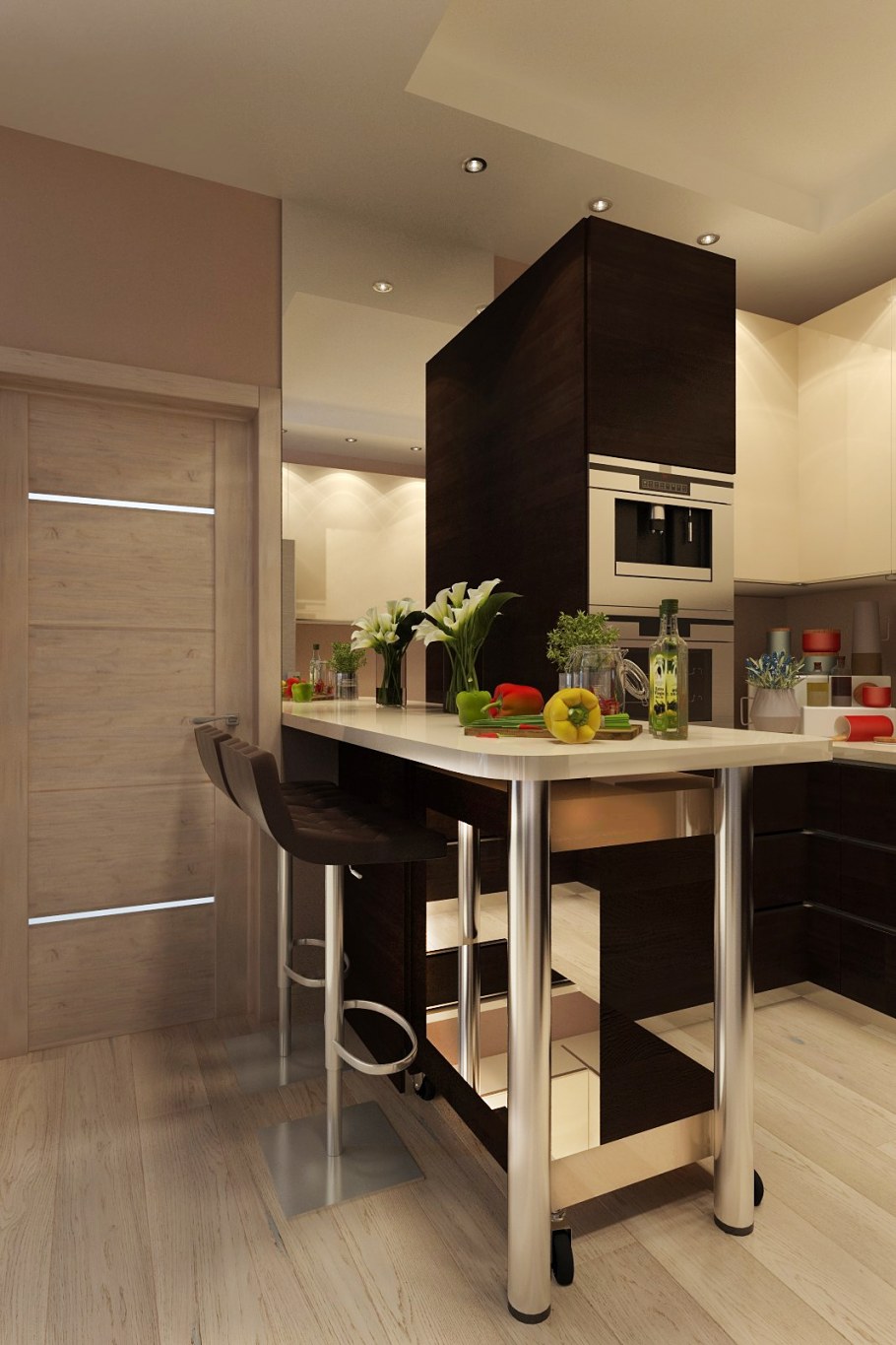 Кухня студия с барной стойкой