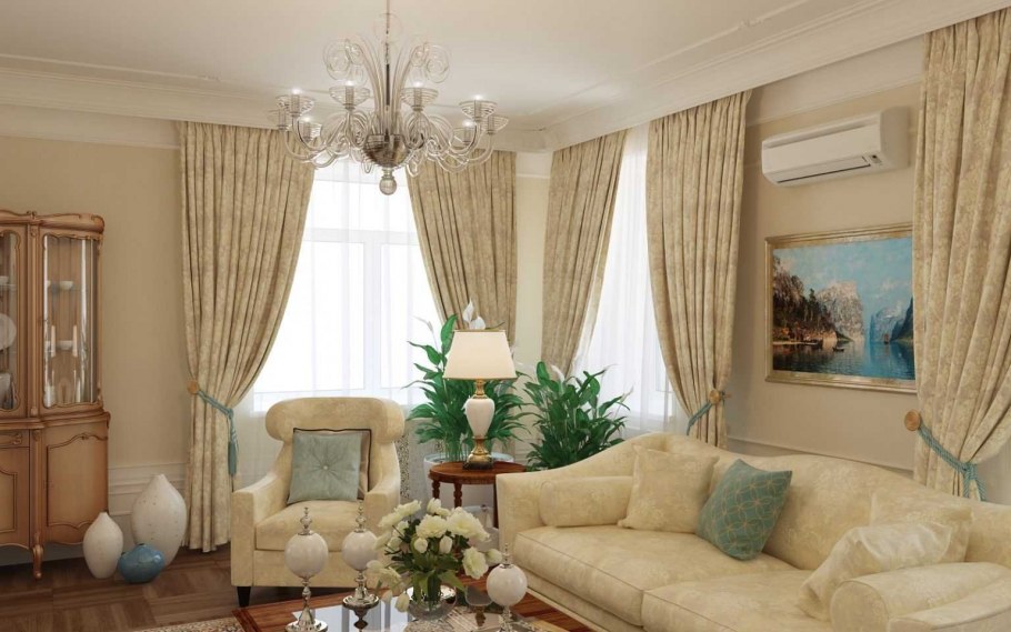 Шторы в гостиную в классическом стиле в светлых