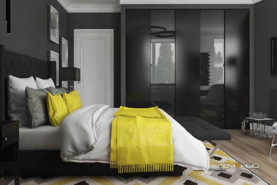 Серая спальня с яркими акцентами