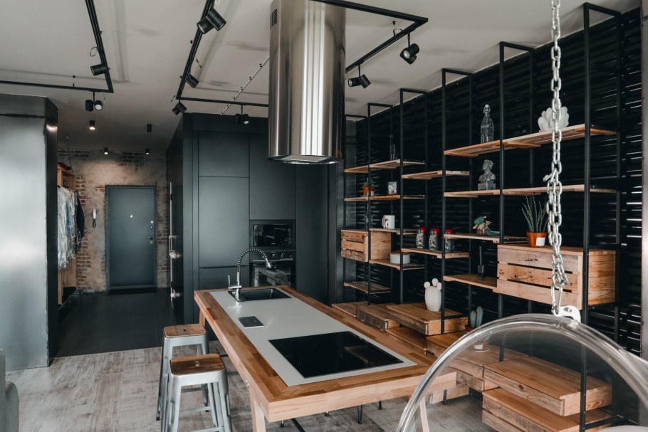 Кухня гостиная в стиле лофт с островом