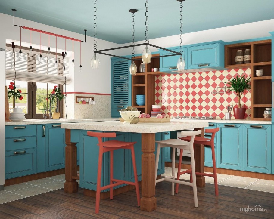 Синий потолок в интерьере Средиземноморский