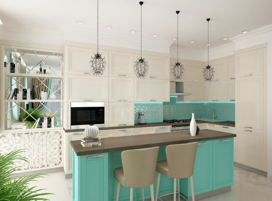 Сочетание бирюзового в интерьере кухни