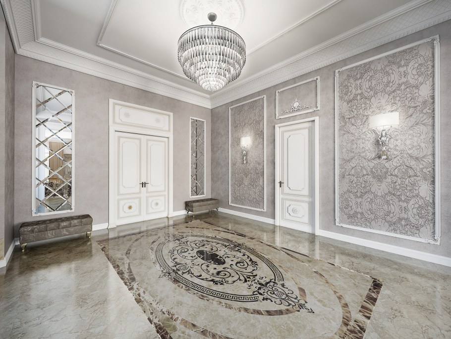 Мраморная стена с молдингами в гостиной