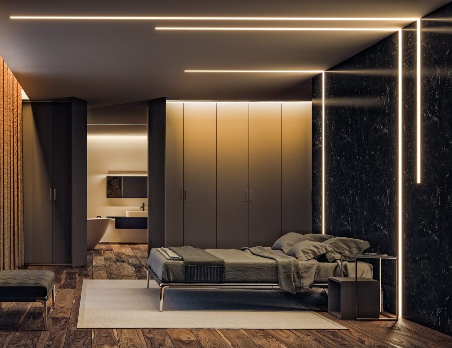 Линейные светильники в интерьере спальни