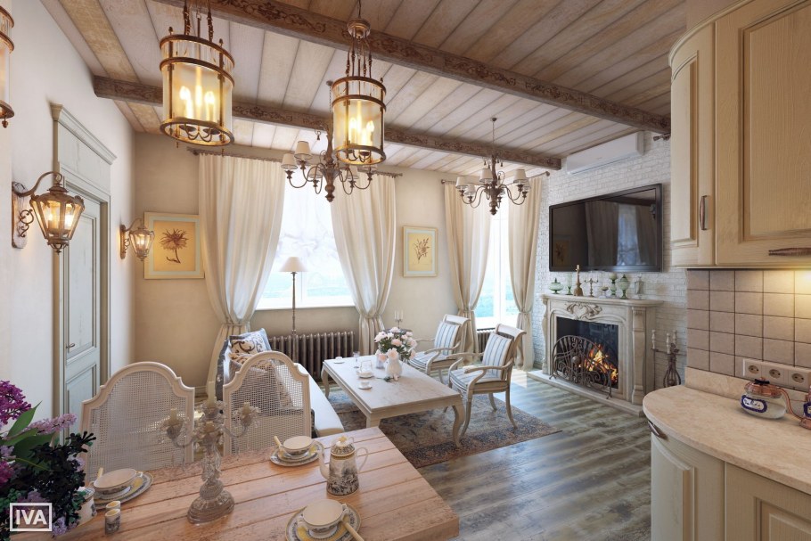 Фазенда гостиная в стилифранц Кантри