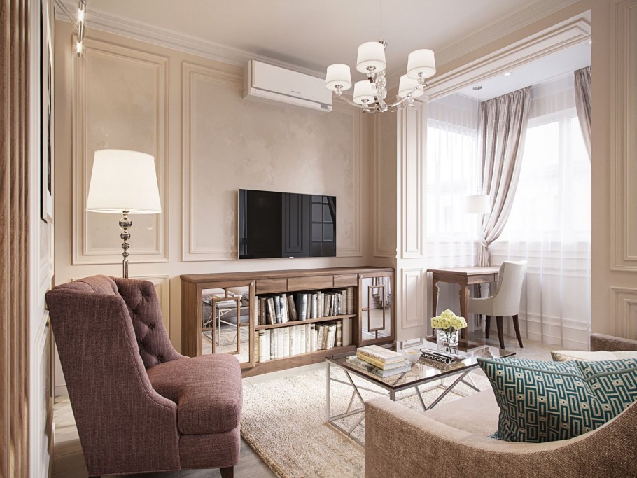 Современная классика в интерьере гостиной в квартире
