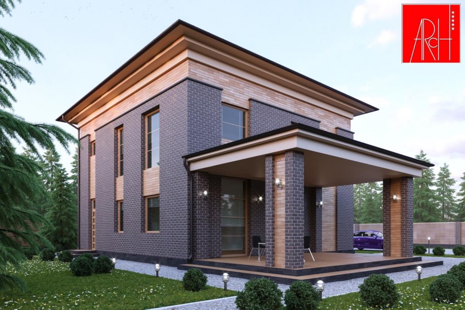 Одноэтажный дом из кирпича с плоской крышей