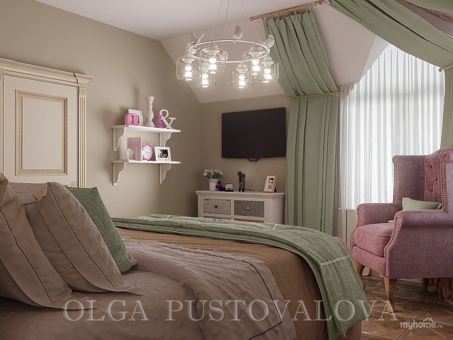 Спальня в розово фисташковых тонах