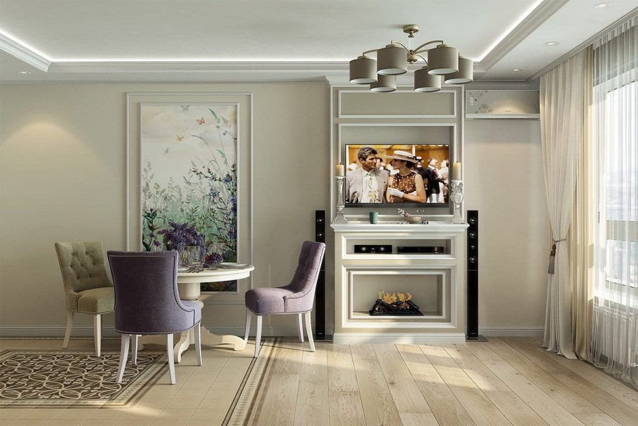 Кухня гостиная в стиле Прованс с камином