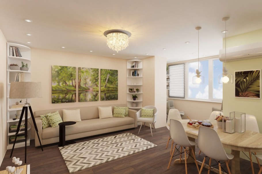 Гостиная с зоной отдыха и обеденной зоной